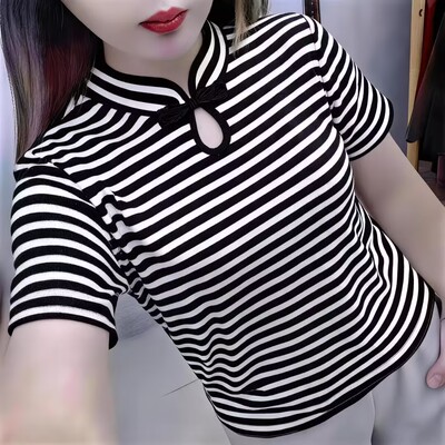 改良旗袍领条纹显瘦短袖T恤女