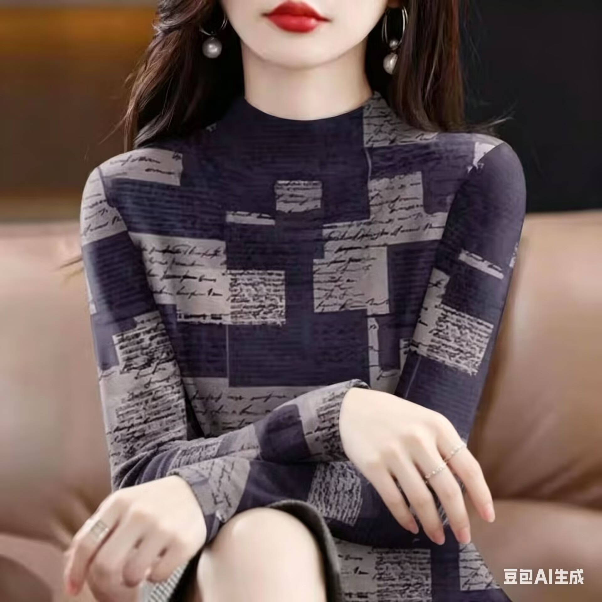 印花捡漏~高档百搭剪标女装2025新款春季减龄长袖高领T恤女上衣潮
