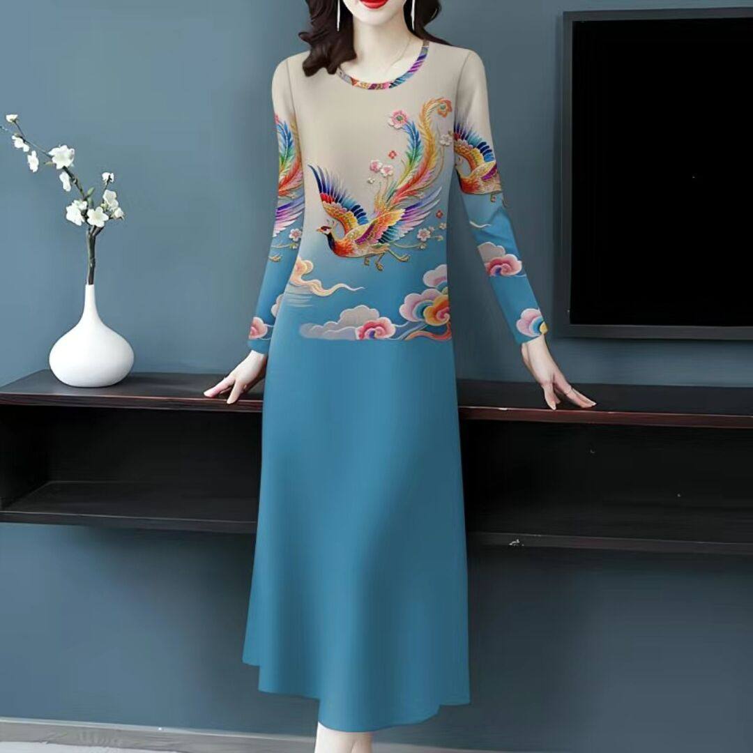 清仓捡漏-春秋新款长袖打底裙修身减龄遮肚妈妈装中长款连衣裙女