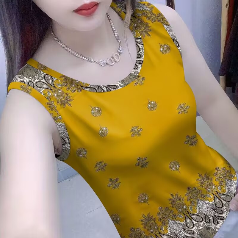 撞色背心女装2025印花新款夏季修身外穿显瘦无袖上衣吊带打底