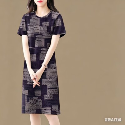 衣宽松短袖印花中长款修身连衣裙