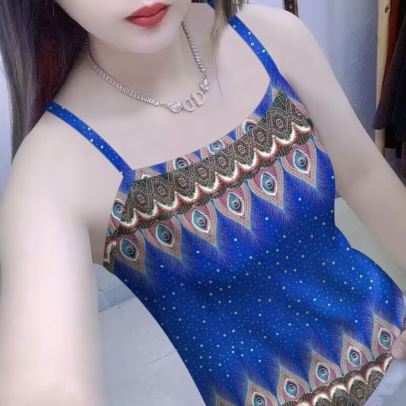 撞色吊带女2025夏新款印花修身外穿显瘦无袖上衣吊带打底衫女