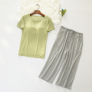 薄款带胸垫莫代尔睡衣女短袖七分裤免穿文胸夏季家居服两件套装