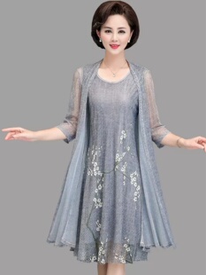 中老年女夏装真两件套阔太太妈妈连衣裙春秋新款洋气外套衣服