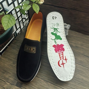 过世老人绣花棉布松紧口深蓝单鞋 莲花逝世鞋 寿衣配件殡葬 男士 寿鞋