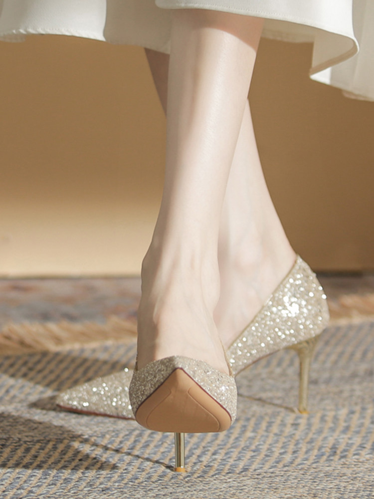 FRENCH STYLE NOT TIRED FEET BRIDESMAID HIGH HEELS WOMENS 2023 NEW HE XIU WEDDING SHOES TWO WEAR STILETTO HEELS BANQUET SEQUIN SINGLE SHOES