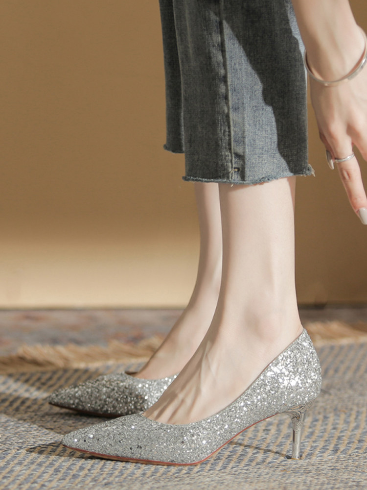 FRENCH STYLE NOT TIRED FEET BRIDESMAID HIGH HEELS WOMENS 2023 NEW HE XIU WEDDING SHOES TWO WEAR STILETTO HEELS BANQUET SEQUIN SINGLE SHOES