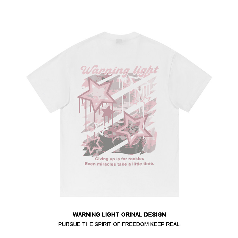 WARNING LIGHT 美式五角星字母印花宽松休闲圆领重磅男生短袖T恤