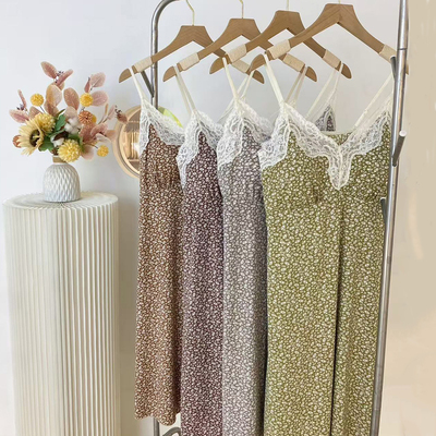 夏季女吊带胸垫碎花冰丝睡裙睡衣