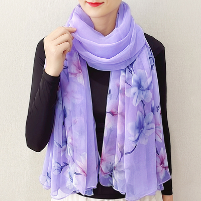 新款紫色高档丝巾春秋韩版时尚百搭防晒印花长款洋气围巾沙滩披肩