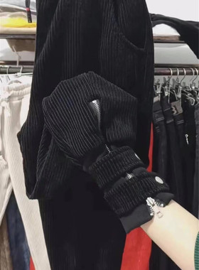 黑红白色灯芯绒裤子女宽松萝卜裤条绒显瘦拉链小脚九分哈伦休闲裤