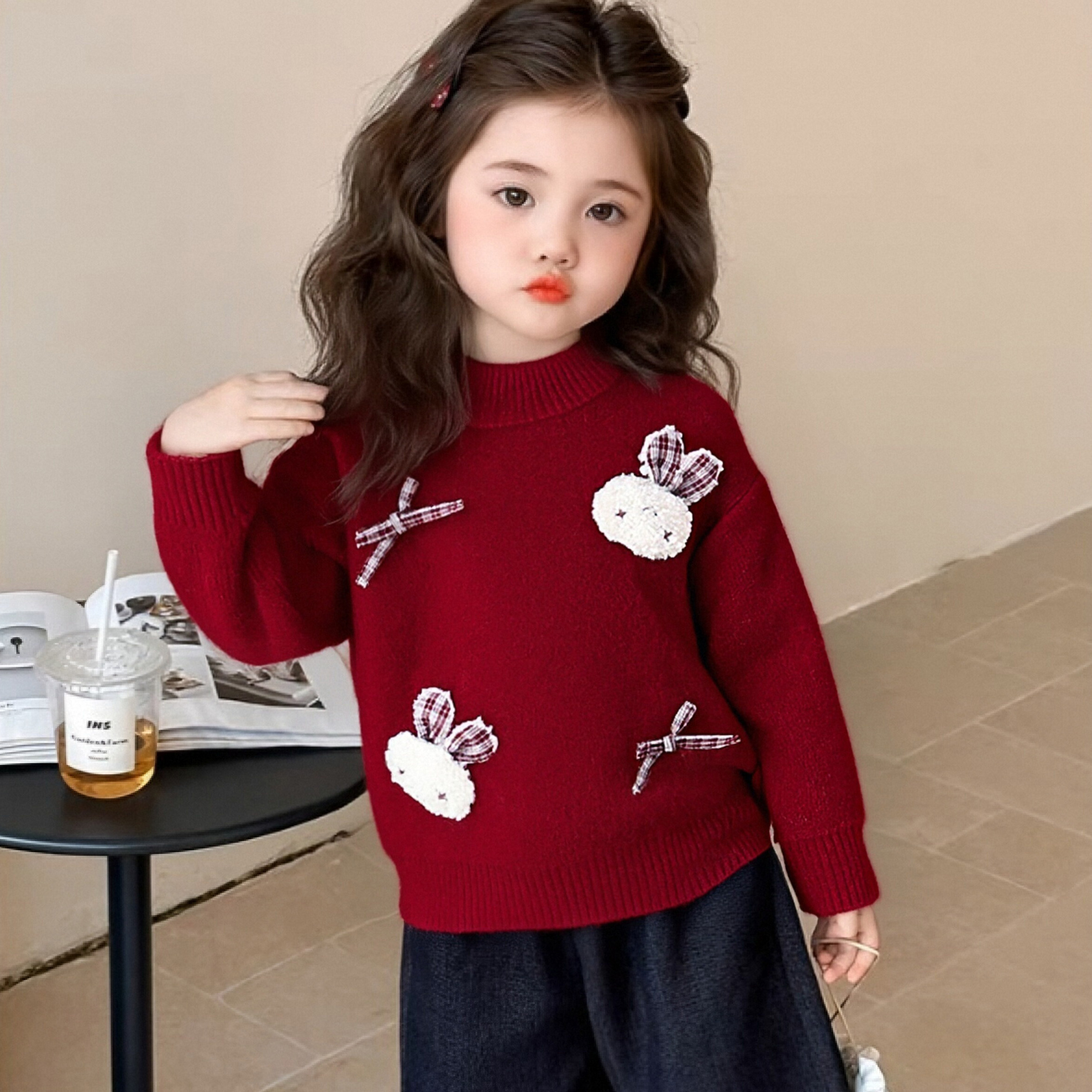 女童毛衣冬季2025新款洋气女宝宝加绒加厚冬装儿童红色针织衫内搭