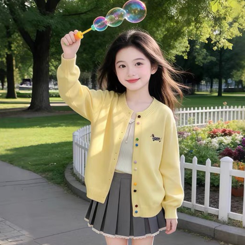 女童针织开衫春秋款2026新款洋气薄款毛衣外套儿童超好看外搭上衣