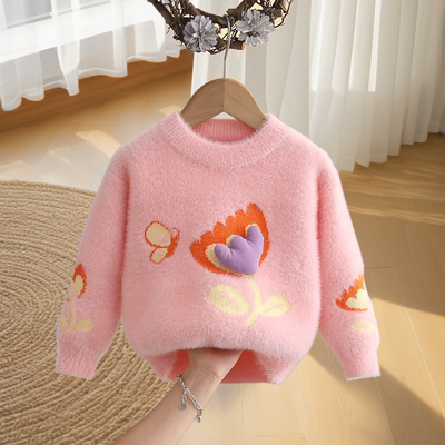 女童毛衣2025新款水貂绒秋冬洋气外穿小童打底衫套头加绒加厚上衣