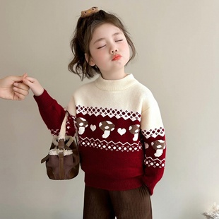 女童针织衫秋冬款加厚韩国绒毛衣儿童加绒红色毛线衣保暖套头上衣
