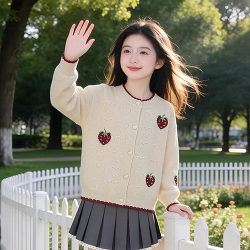 女童开衫外套春秋款2026新款毛衣洋气儿童中大童针织衫小学生上衣