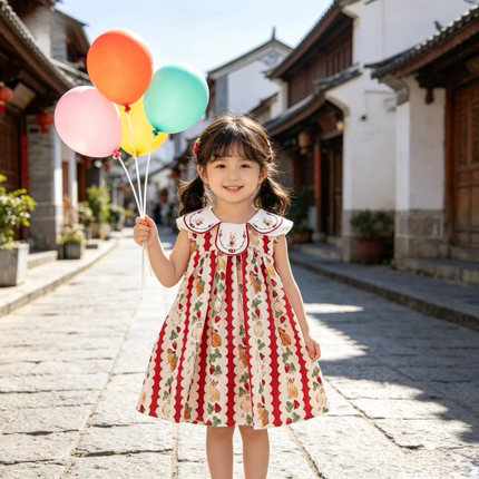 花朵领兔子刺绣女童连衣裙中小童百搭卡通印花甜美可爱裙子去旅游