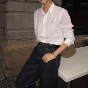 亚麻刺绣长袖 薄款 Polo领衬衣上衣 百搭休闲衬衫 FULLMOOD小马春夏季