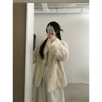 ETHOS-高领一手长兔毛毛毛外套暗扣设计皮草(含100兔毛)W25C207B