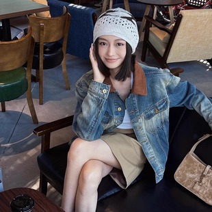 致敬风暴骑士水洗蓝灯芯绒领复古落肩廓形牛仔衣夹克外套女2025春