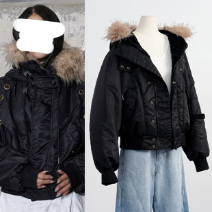 [做货中]minju同款连帽有毛领宽松收腰黑色减龄派克服夹克外套女
