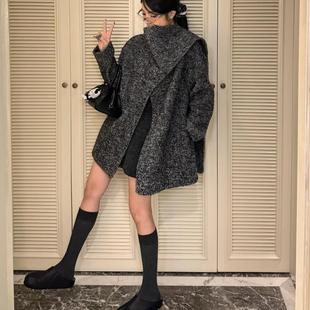 2025秋冬新款中长款气质毛呢黑灰色围巾拼接设计感杂色羊毛外套女