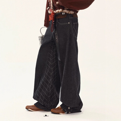 【3天发 】mediu复古绗线灯笼阔腿牛仔裤黑灰色25秋冬新款长裤女