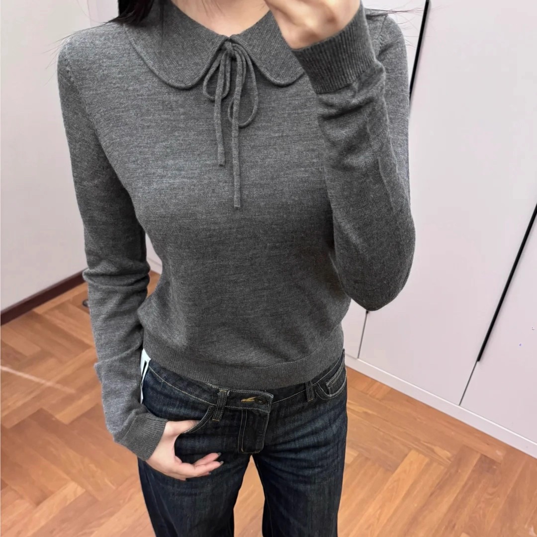 娃娃领系带全羊毛针织衫毛衣