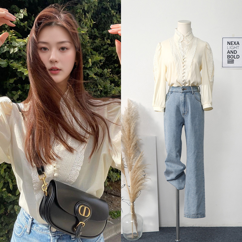 [现货]新木优子同款韩版时尚花边拼接衬衫女设计感小众别致上衣女