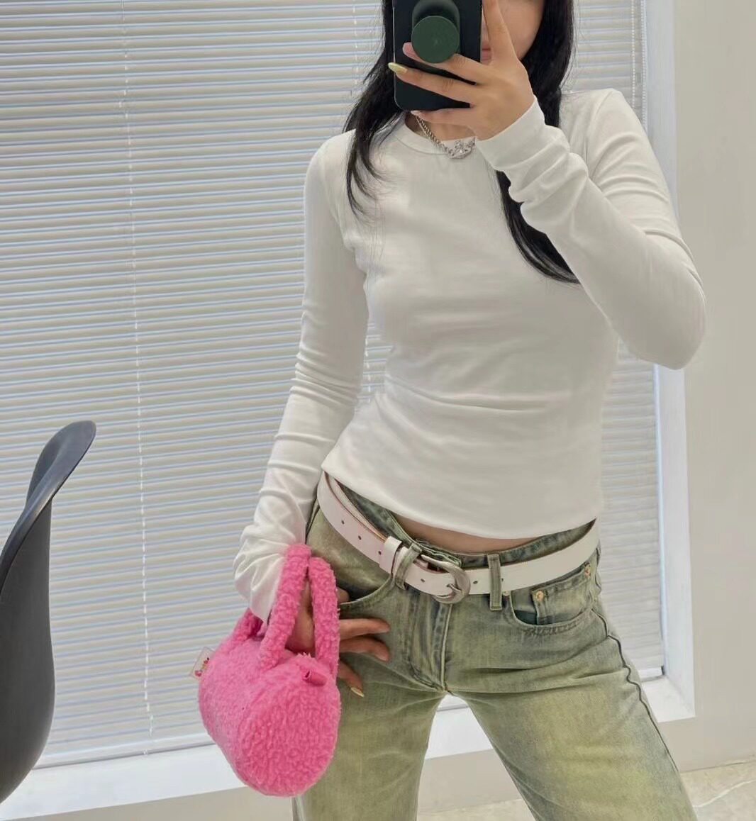 紧身圆领长袖黑白色打底衣女 修身剪裁基础款弹力上衣打底衫T恤