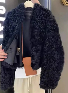 黑色单排扣短款羊羔毛外套女冬季加绒加厚小香风外搭皮毛一体上衣