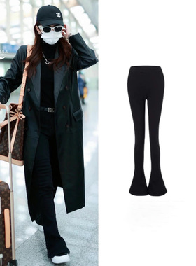 正确版高腰修身包臀显瘦黑色马蹄裤女微喇叭紧身休闲拖地长裤子