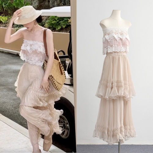 一枝南南款蕾丝抹胸上衣粉色压褶荷叶边半身裙时尚套装女