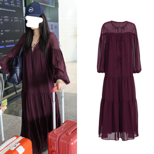 度假风超仙暗紫苑红宽松微胖大码 朱珠同款 宽松雪纺连衣裙女 现货