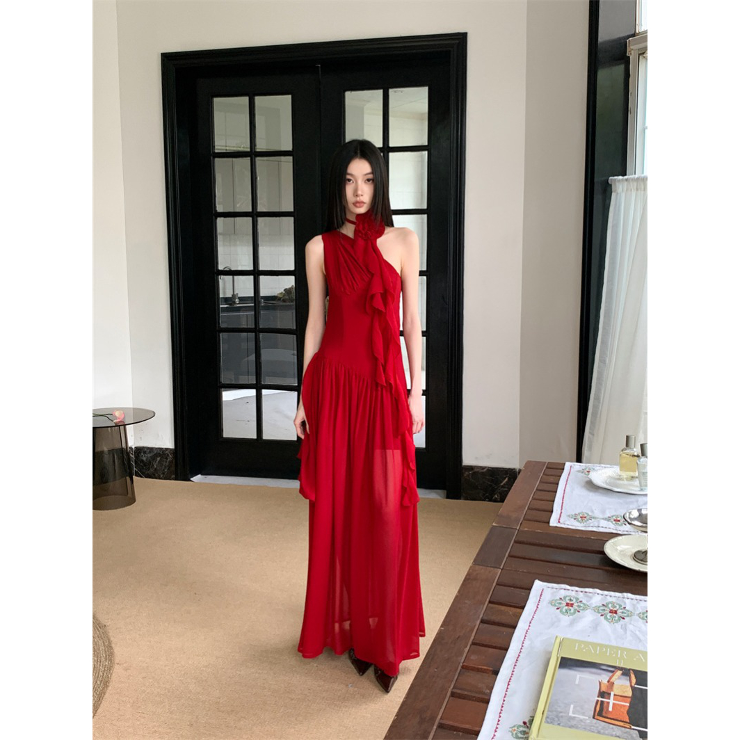 设计感小众高腰无袖连衣裙希腊式垂坠性感长裙辣妹纯欲显瘦