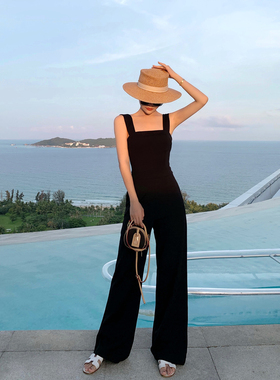 2025新款高腰无袖吊带连体裤女春夏收腰背带裤直筒阔腿拖地裤长裤