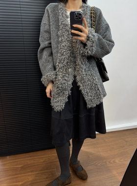 多金-慵懒风卷毛宽松中长款羊毛外套（含91.6绵羊毛）866-25137