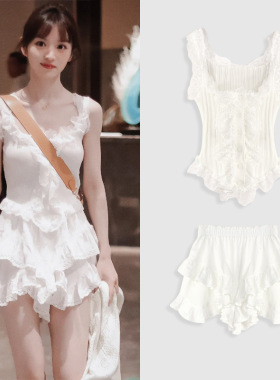 [现货]田曦薇同款芭蕾风蕾丝上衣无袖背心打底花边半身裙两件套女