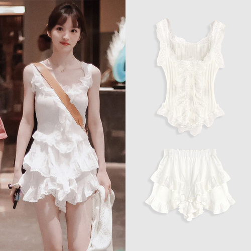 [现货]田曦薇同款芭蕾风蕾丝上衣无袖背心打底花边半身裙两件套女