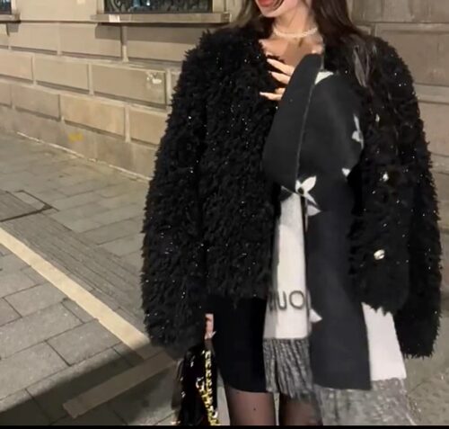 加厚闪闪毛呢外套女黑色短款