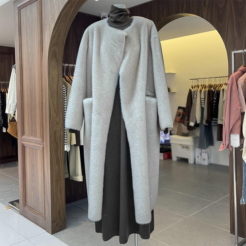 皮毛一体外套加厚长款仿水貂大衣