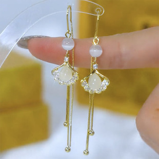 银杏叶耳线女长流苏耳环2023年新款潮网红耳钉银针耳饰气质耳坠