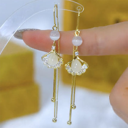 银杏叶耳线女长流苏耳环2023年新款潮网红耳钉银针耳饰气质耳坠