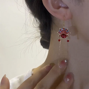 中国风刀马旦复古京剧脸谱耳线女气质长款流苏耳环红色新潮耳饰品