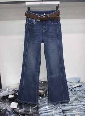 欧货77678密密绒修身时尚牛仔喇叭裤2025年冬季女复合绒长裤