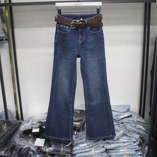 欧货77678密密绒修身时尚牛仔喇叭裤2025年冬季女复合绒长裤