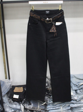 依炫韩17062-1黑色植绒宽松直筒阔腿牛仔裤2025年冬季女保暖长裤