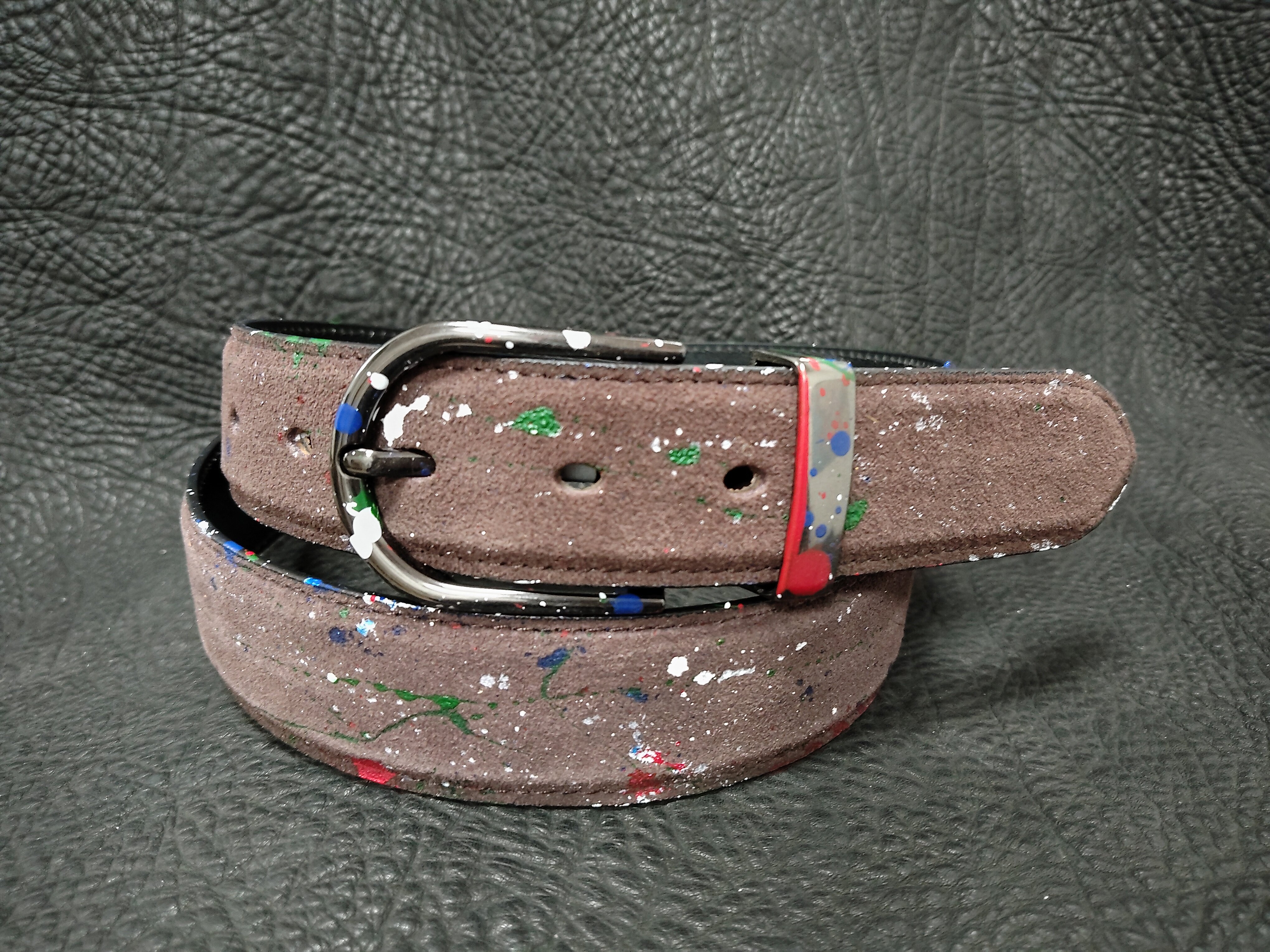 棕色鹿皮牛二层反绒磨砂个性涂鸦牛仔裤百搭真皮腰带宽度3.4厘米