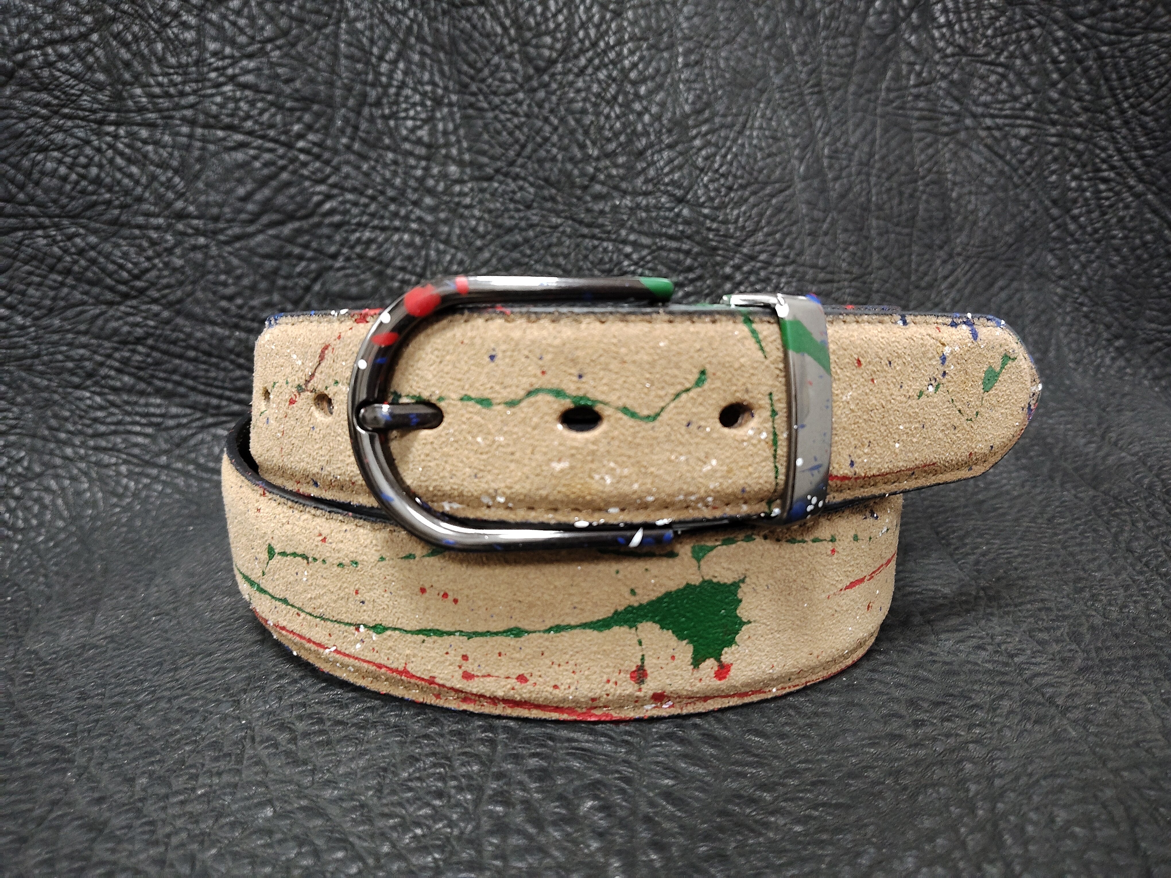 浅棕色鹿皮牛二层反绒磨砂个性涂鸦真皮牛仔裤百搭腰带宽度3.4cm