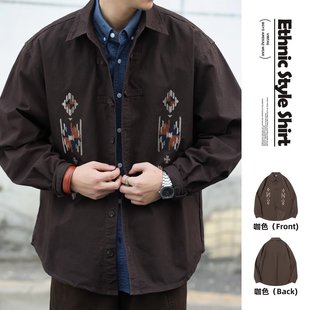 衬衫 复古刺绣纯棉长袖 男女vintage民族风外套外搭衬衣 美式 春秋季